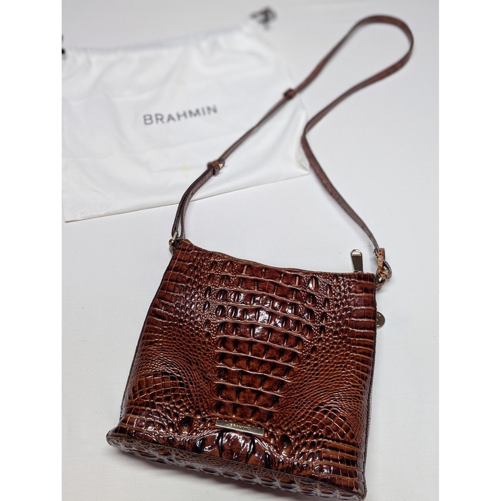 Brahmin Pecan Melbourne Croc Embossed Leather Crossbody Bag Brown Gold Hardware